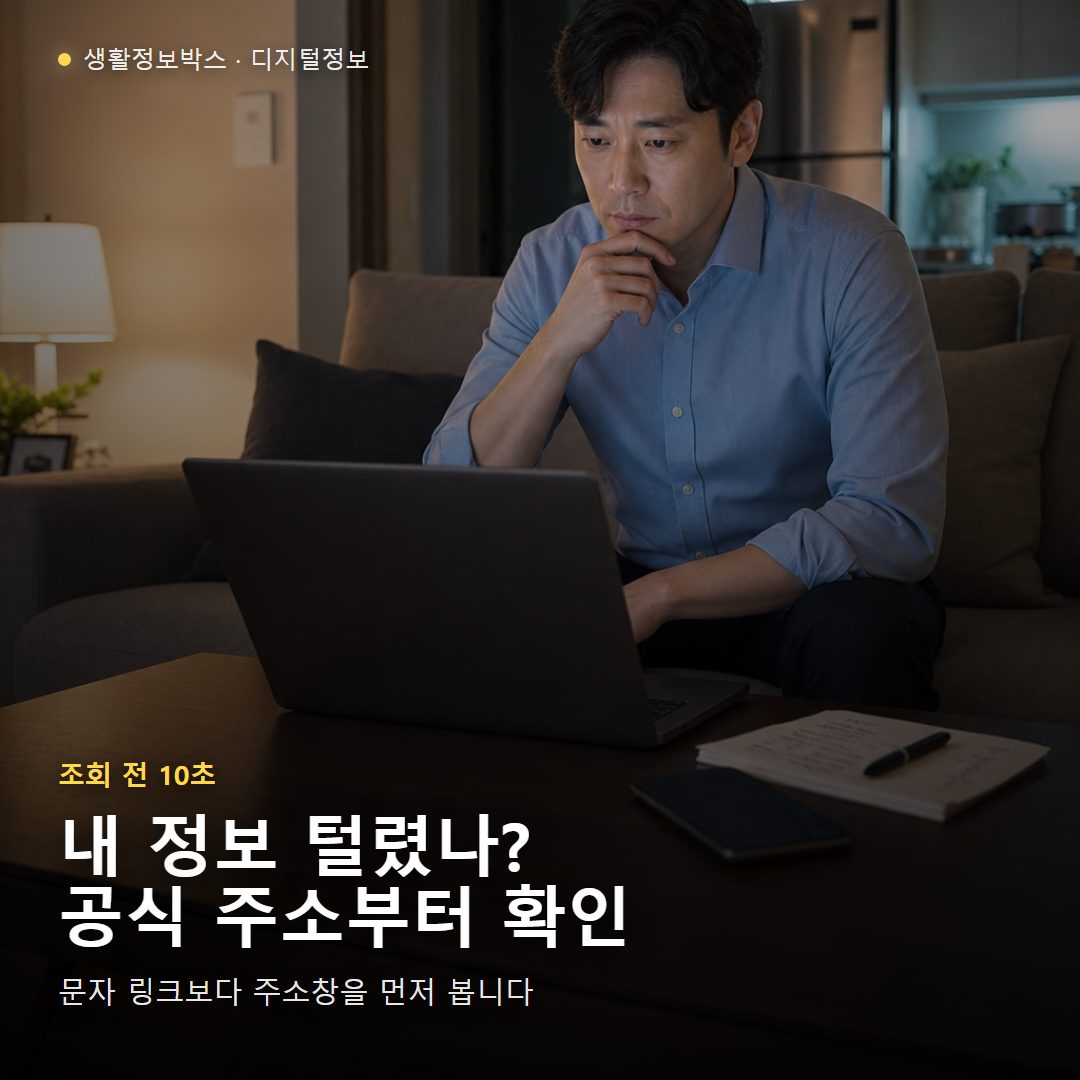 한국 아파트 거실에서 털린 내 정보 찾기 서비스 공식 주소를 확인하는 직장인