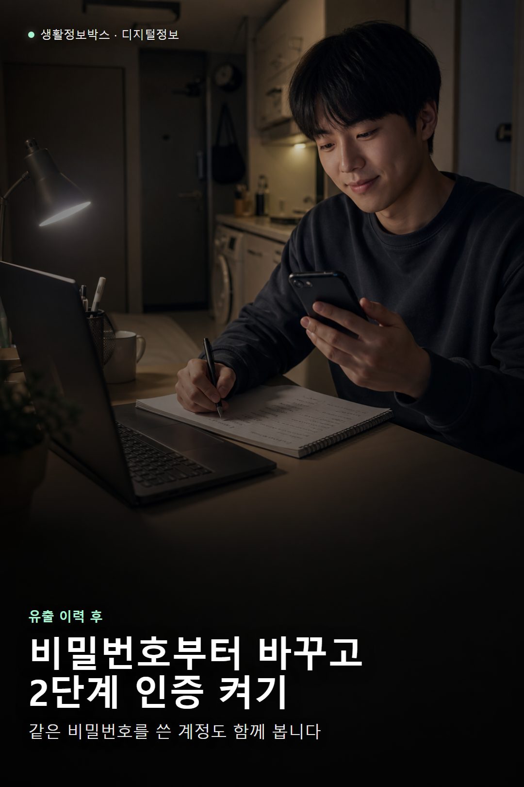 한국 원룸 책상에서 유출 확인 후 비밀번호 변경과 2단계 인증을 점검하는 사용자