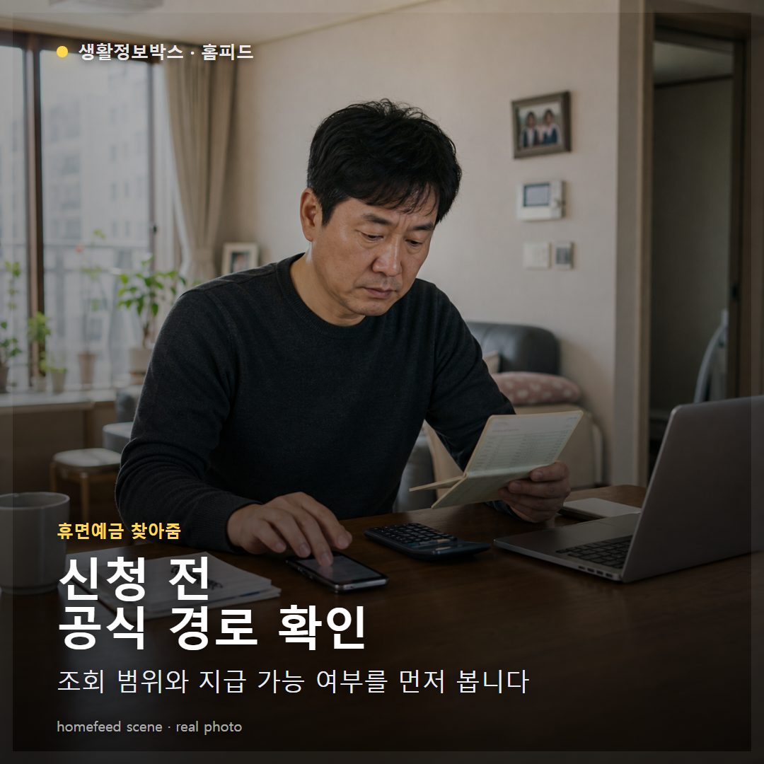 한국 아파트 식탁에서 휴면예금 찾아줌 조회 지급신청 가능 여부를 확인하는 장면