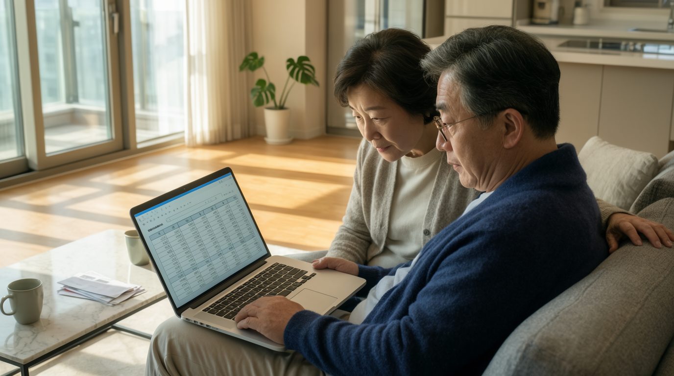 노령연금 연령표를 함께 확인하는 노년층 부부의 거실 장면