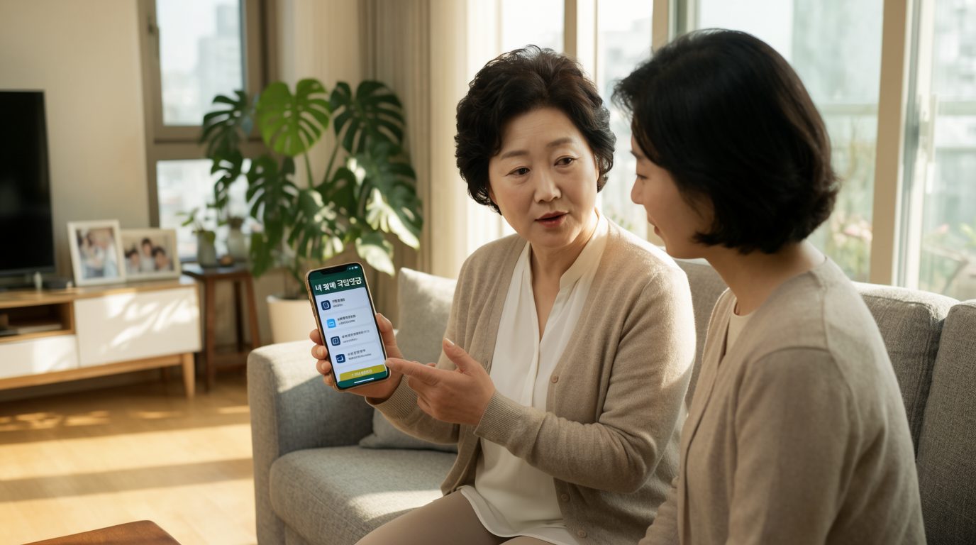 스마트폰 앱으로 연금 신청 절차를 설명하는 주부의 일상 장면