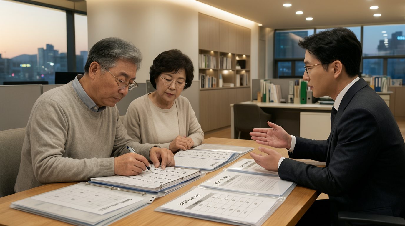 세무 상담실에서 연금소득 과세 기준을 점검하는 60대 부부