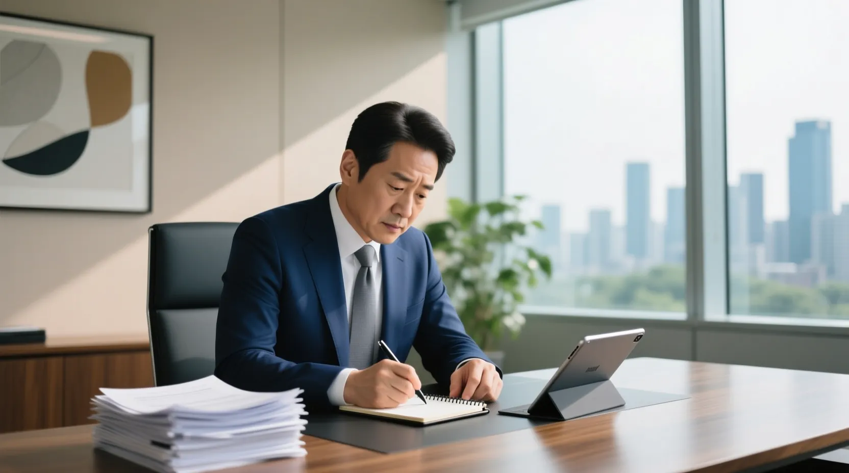임시감독 선임 절차 중 온라인 면접을 준비하며 서류를 검토하는 감독