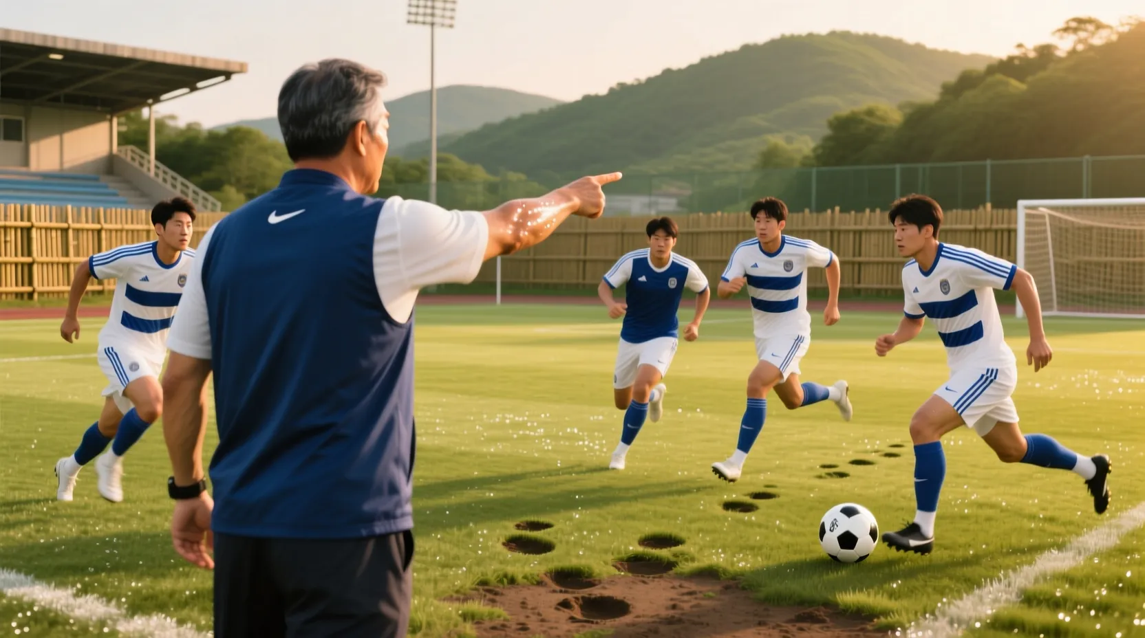 전문가와 팬의 평가를 받는 감독이 축구 훈련장에서 선수들을 지도하는 모습