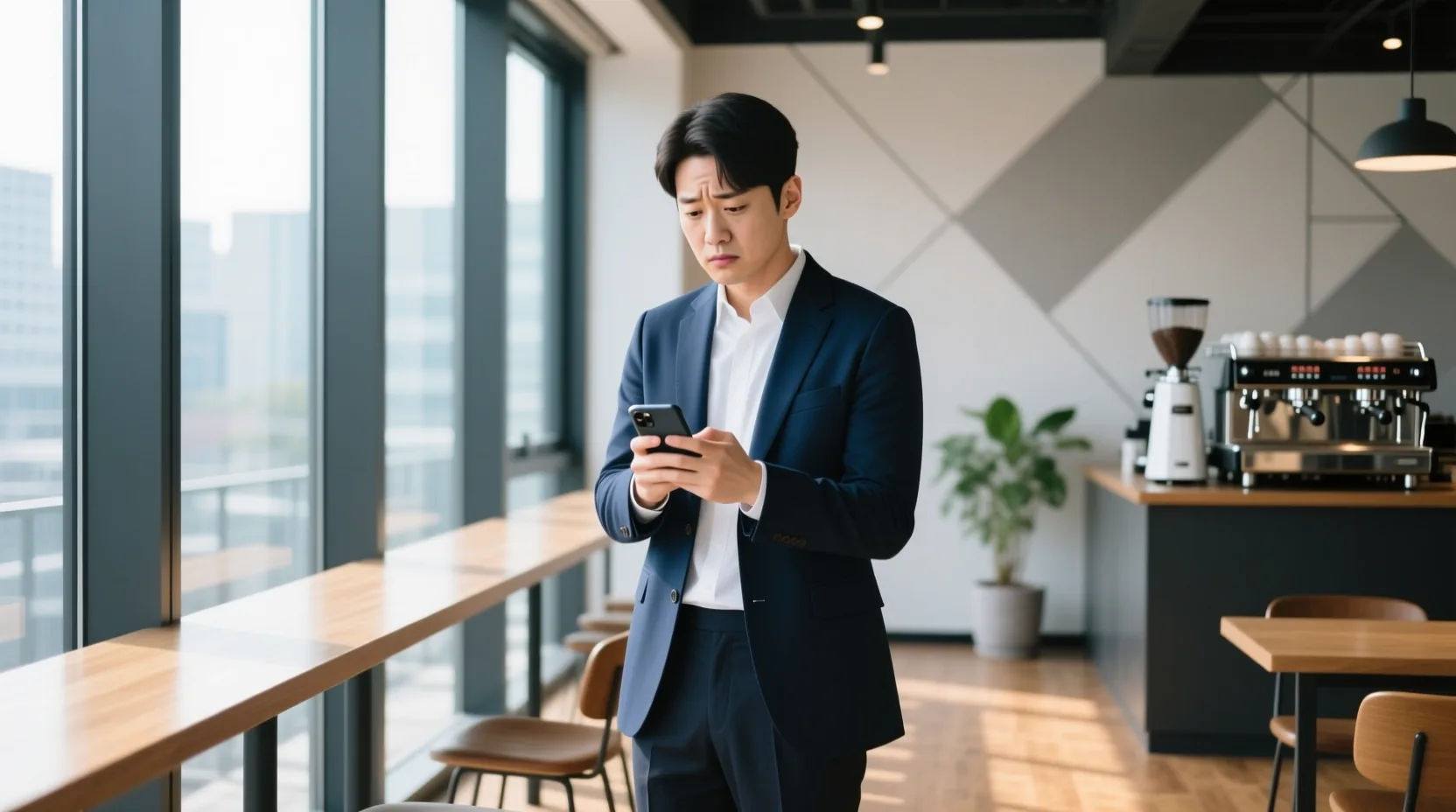 1811-8401 스팸 전화 번호 정체를 확인하려는 한국 직장인의 휴대폰 검색 장면
