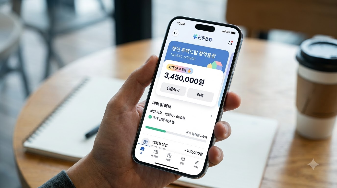 청년 주택드림 청약통장 최고 연 4.5% 우대이율 및 모바일 뱅킹 신청 화면