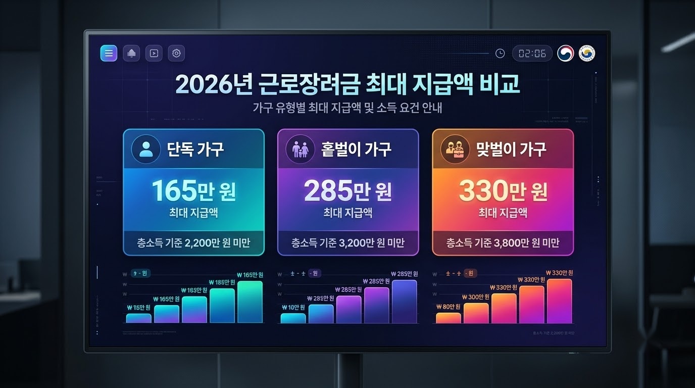 가구 유형별 근로장려금 최대 지급액 기준표
