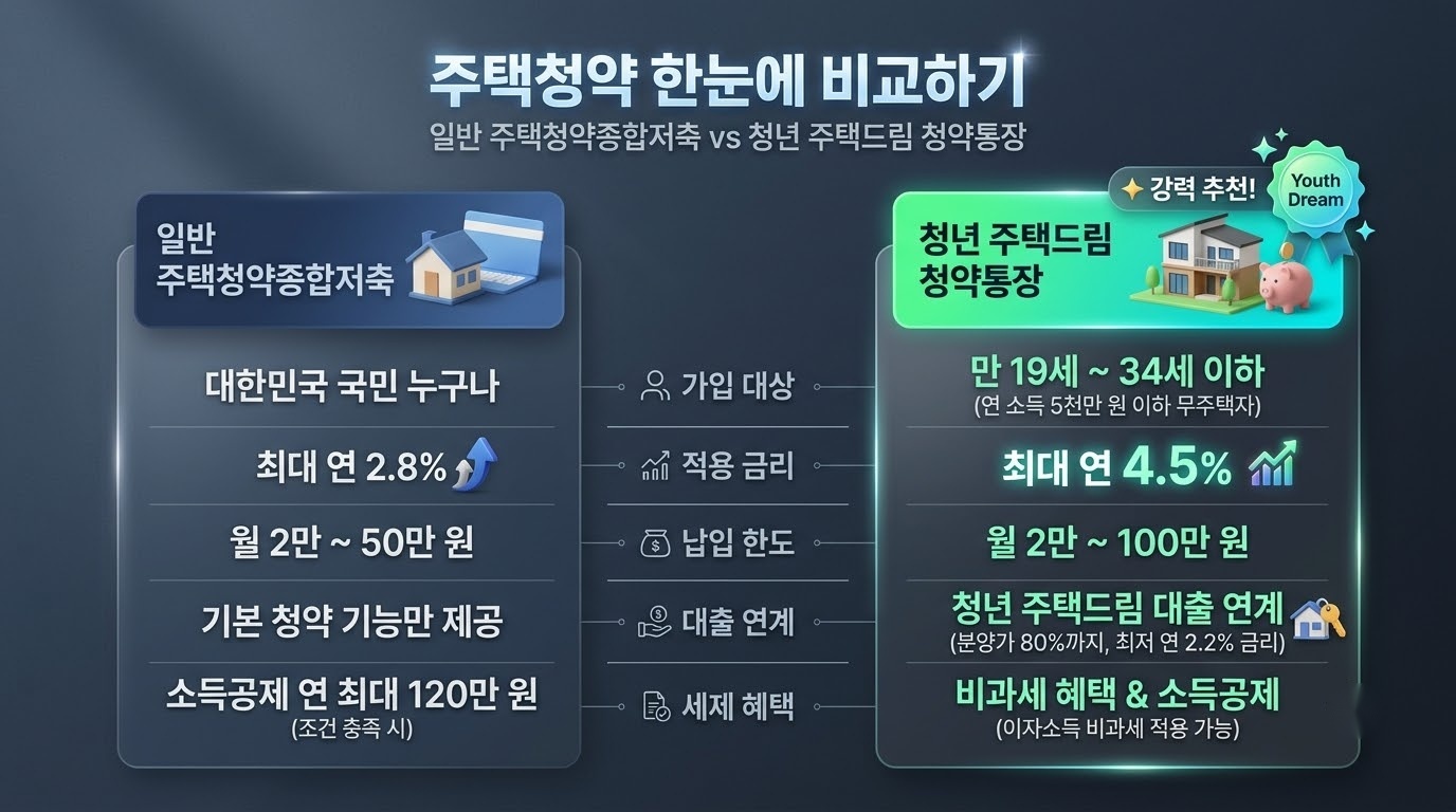 최대 4.5% 우대금리! 2026 청년 주택드림 청약통장 가입 자격 및 전환 방법 총정리 비교 분석 인포그래픽