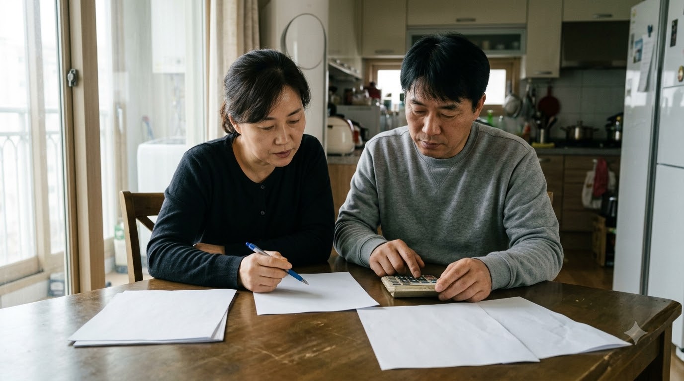 가구 기준을 살피며 서류와 계산기를 확인하는 장면 · AI 제작 이미지 · 실제 촬영 사진 아님