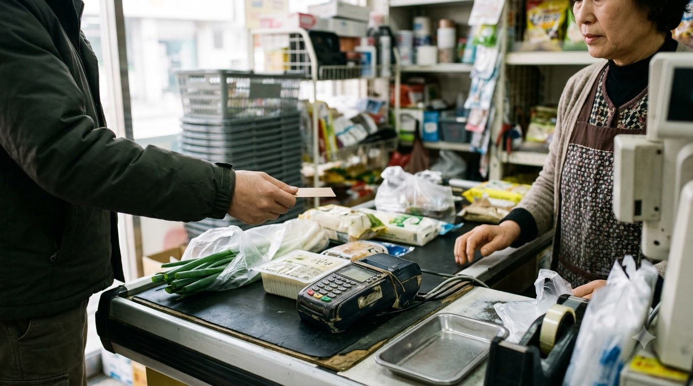 동네 가게 계산대에서 카드 결제를 하는 모습 · AI 제작 이미지 · 실제 촬영 사진 아님
