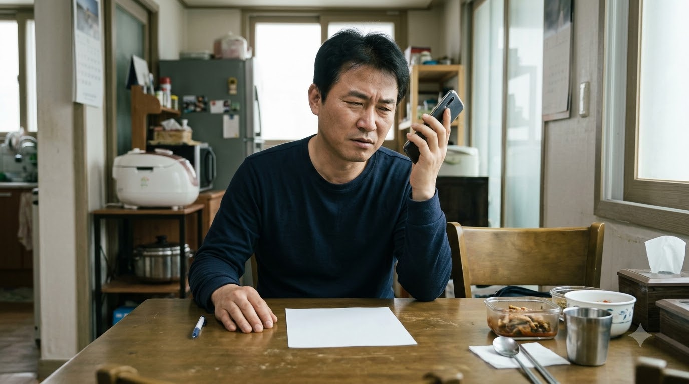 집에서 의심스러운 대출 전화를 받고 통화를 멈추는 모습