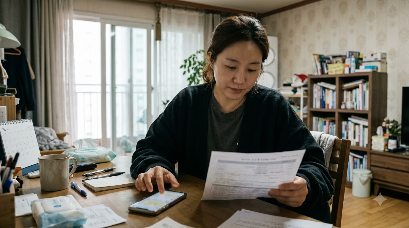 종이 안내문을 살펴보며 스마트폰을 확인하는 사람