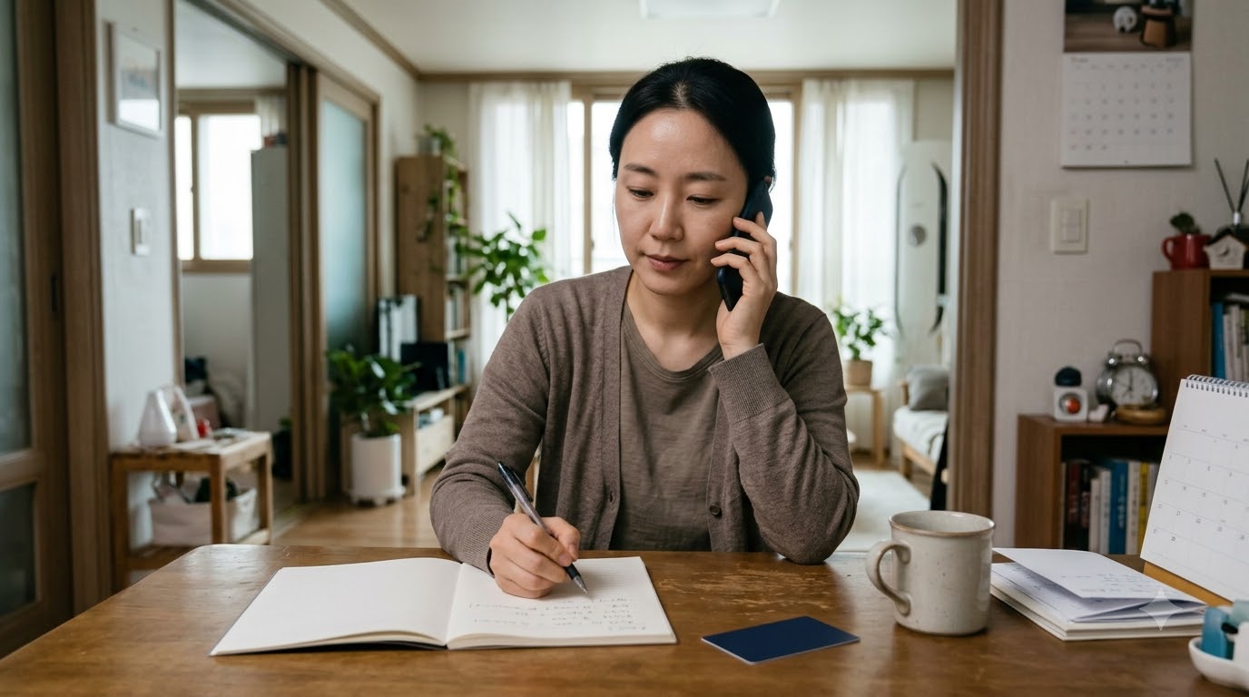 스마트폰으로 통화하며 종이에 내용을 메모하는 사람