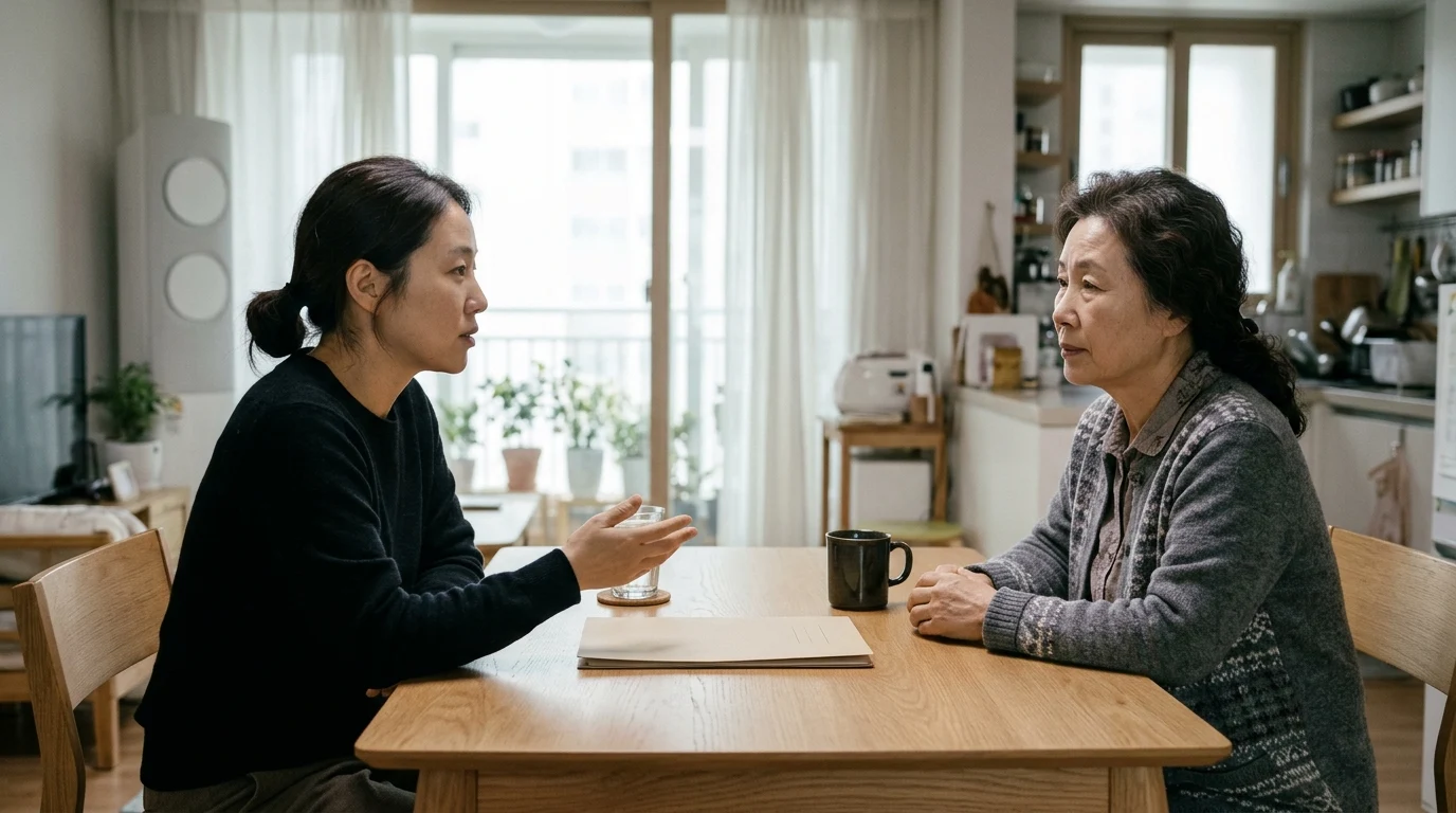 기초연금 신청을 앞두고 가족과 방문 준비를 상의하는 모습을 표현한 사진입니다.