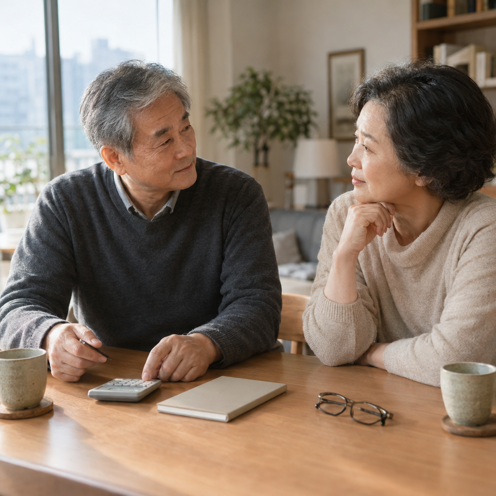 기초연금 신청 전 부부의 소득과 재산을 함께 정리하는 노부부의 생활 장면.